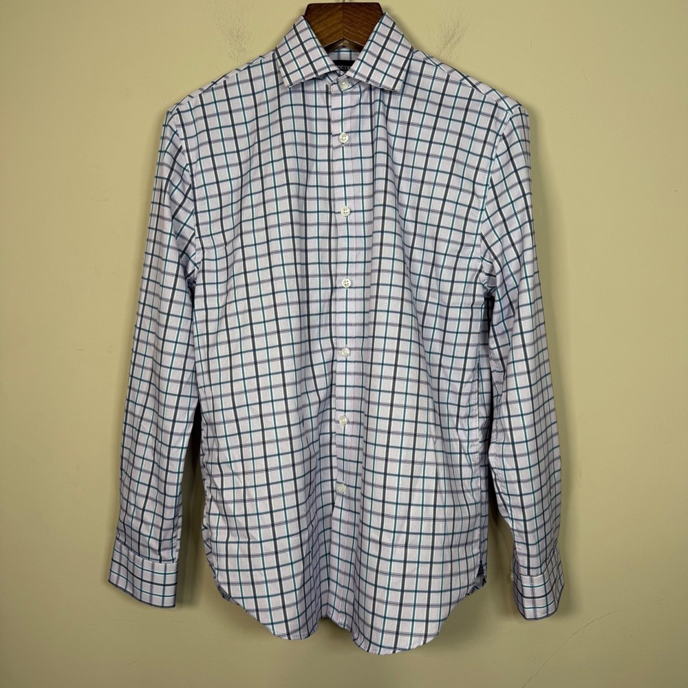Society of Threads Slim Fit 4 Way Stretch Purple/Navy/Teal Plaid Shirt Small